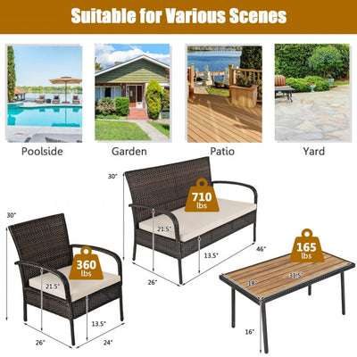 4 Pieces Patio Rattan Furniture Set Outdoor Wicker Conversation Loveseat with Soft Cushion