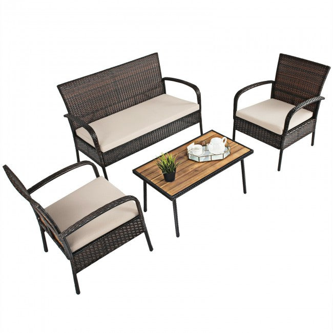 4 Pieces Patio Rattan Furniture Set Outdoor Wicker Conversation Loveseat with Soft Cushion