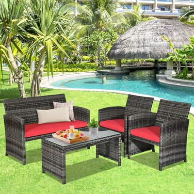 4 Pieces Outdoor Patio Wicker Sofa Set Rattan Conversation Bistro Sets with Cushions and Table