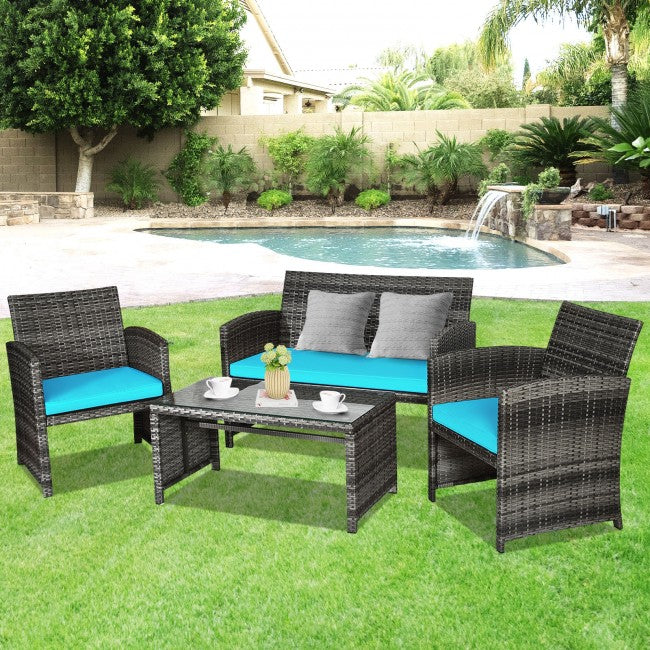 4 Pieces Outdoor Patio Wicker Sofa Set Rattan Conversation Bistro Sets with Cushions and Table