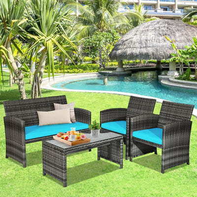 4 Pieces Outdoor Patio Wicker Sofa Set Rattan Conversation Bistro Sets with Cushions and Table