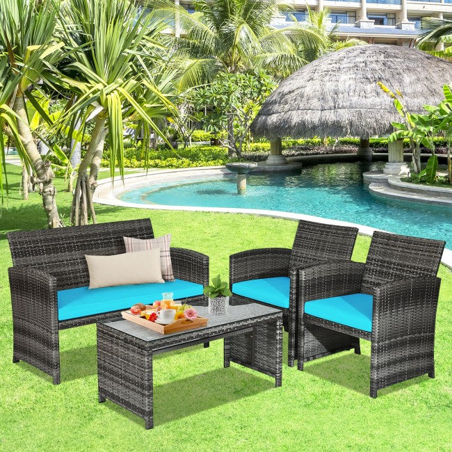 4 Pieces Outdoor Patio Wicker Sofa Set Rattan Conversation Bistro Sets with Cushions and Table