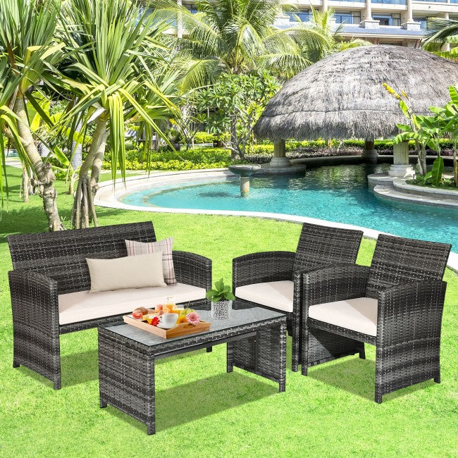 4 Pieces Outdoor Patio Wicker Sofa Set Rattan Conversation Bistro Sets with Cushions and Table