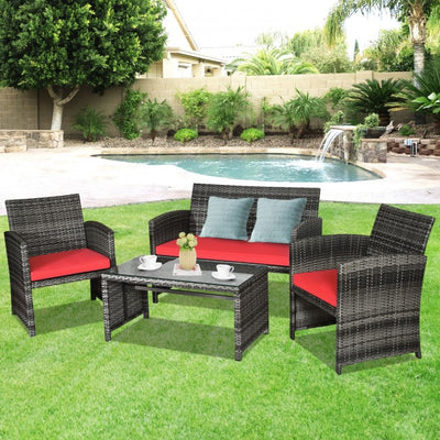 4 Pieces Outdoor Patio Wicker Sofa Set Rattan Conversation Bistro Sets with Cushions and Table