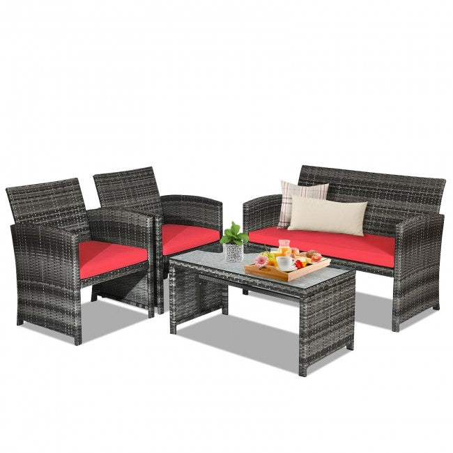 4 Pieces Outdoor Patio Wicker Sofa Set Rattan Conversation Bistro Sets with Cushions and Table