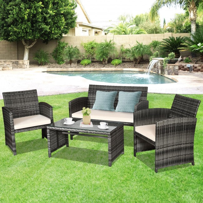 4 Pieces Outdoor Patio Wicker Sofa Set Rattan Conversation Bistro Sets with Cushions and Table