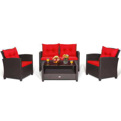 4 Pieces Patio Rattan Furniture Set Outdoor Conversation Sofa Set with Lower Shelf and Coffee Table