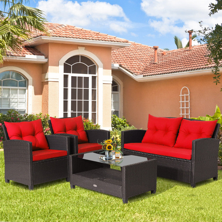 4 Pieces Patio Rattan Furniture Set Outdoor Conversation Sofa Set with Lower Shelf and Coffee Table