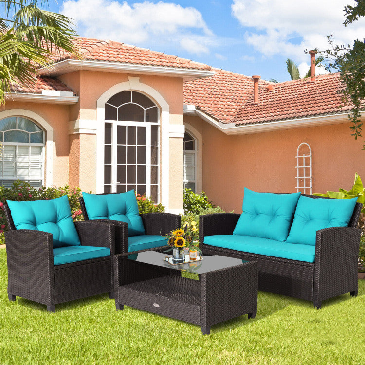 4 Pieces Patio Rattan Furniture Set Outdoor Conversation Sofa Set with Lower Shelf and Coffee Table