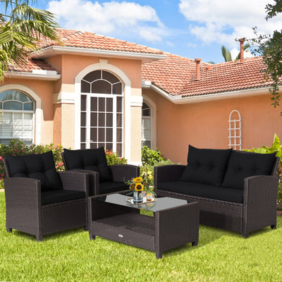 4 Pieces Patio Rattan Furniture Set Outdoor Conversation Sofa Set with Lower Shelf and Coffee Table