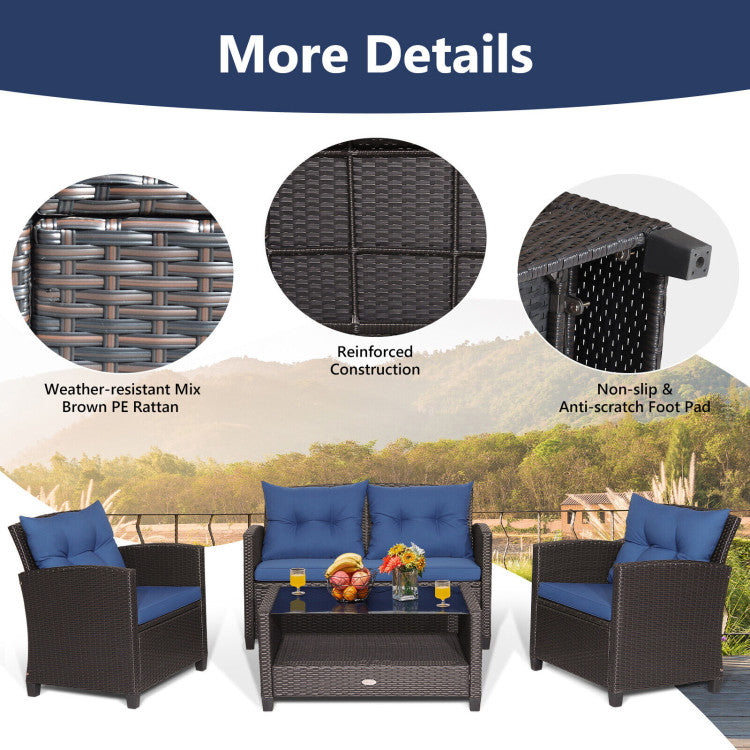 4 Pieces Patio Rattan Furniture Set Outdoor Conversation Sofa Set with Lower Shelf and Coffee Table