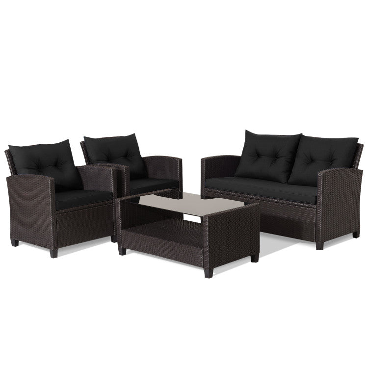 4 Pieces Patio Rattan Furniture Set Outdoor Conversation Sofa Set with Lower Shelf and Coffee Table