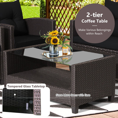 4 Pieces Patio Rattan Furniture Set Outdoor Conversation Sofa Set with Lower Shelf and Coffee Table