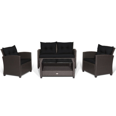 4 Pieces Patio Rattan Furniture Set Outdoor Conversation Sofa Set with Lower Shelf and Coffee Table