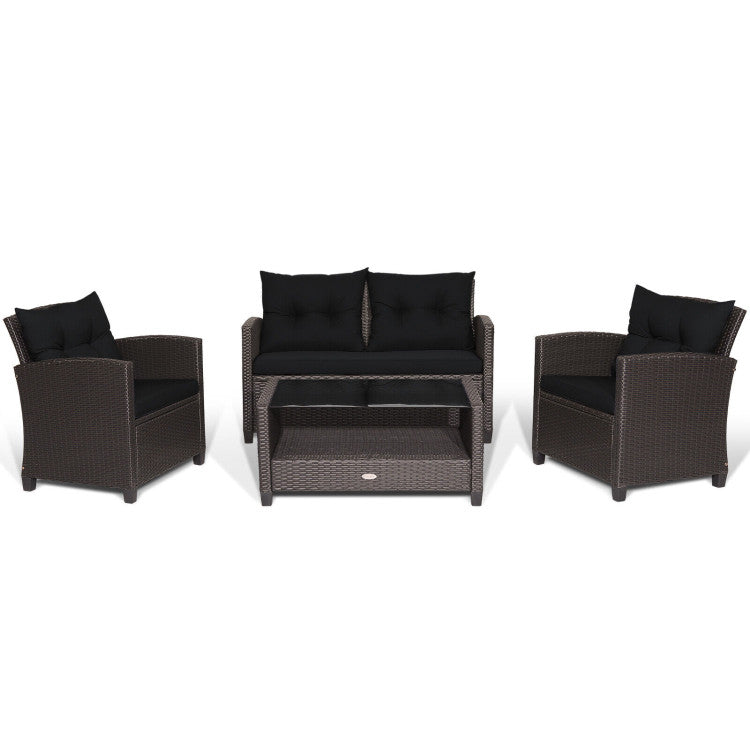 4 Pieces Patio Rattan Furniture Set Outdoor Conversation Sofa Set with Lower Shelf and Coffee Table