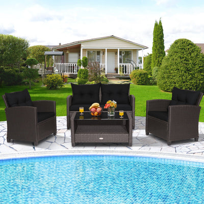 4 Pieces Patio Rattan Furniture Set Outdoor Conversation Sofa Set with Lower Shelf and Coffee Table