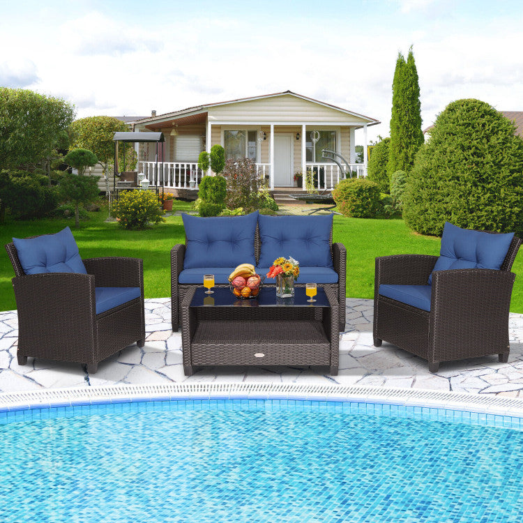 4 Pieces Patio Rattan Furniture Set Outdoor Conversation Sofa Set with Lower Shelf and Coffee Table