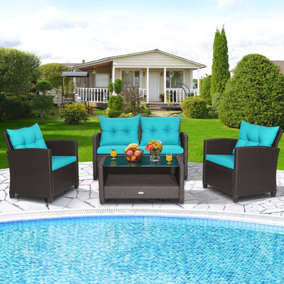 4 Pieces Patio Rattan Furniture Set Outdoor Conversation Sofa Set with Lower Shelf and Coffee Table