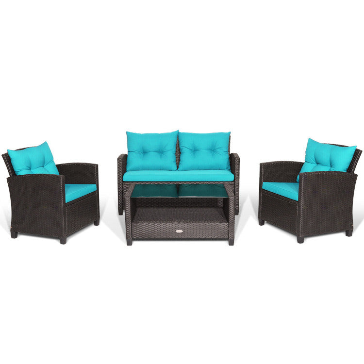 4 Pieces Patio Rattan Furniture Set Outdoor Conversation Sofa Set with Lower Shelf and Coffee Table