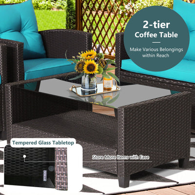 4 Pieces Patio Rattan Furniture Set Outdoor Conversation Sofa Set with Lower Shelf and Coffee Table