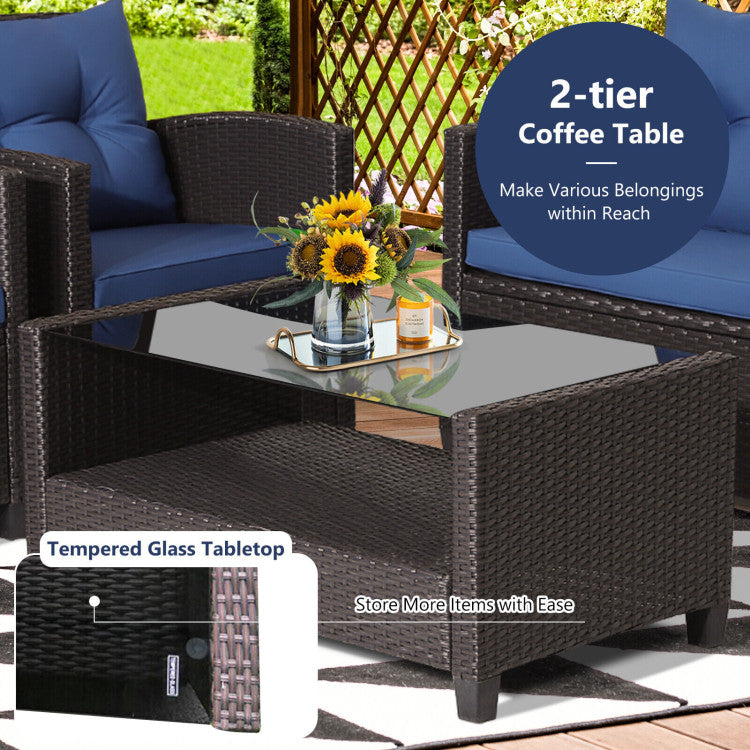 4 Pieces Patio Rattan Furniture Set Outdoor Conversation Sofa Set with Lower Shelf and Coffee Table