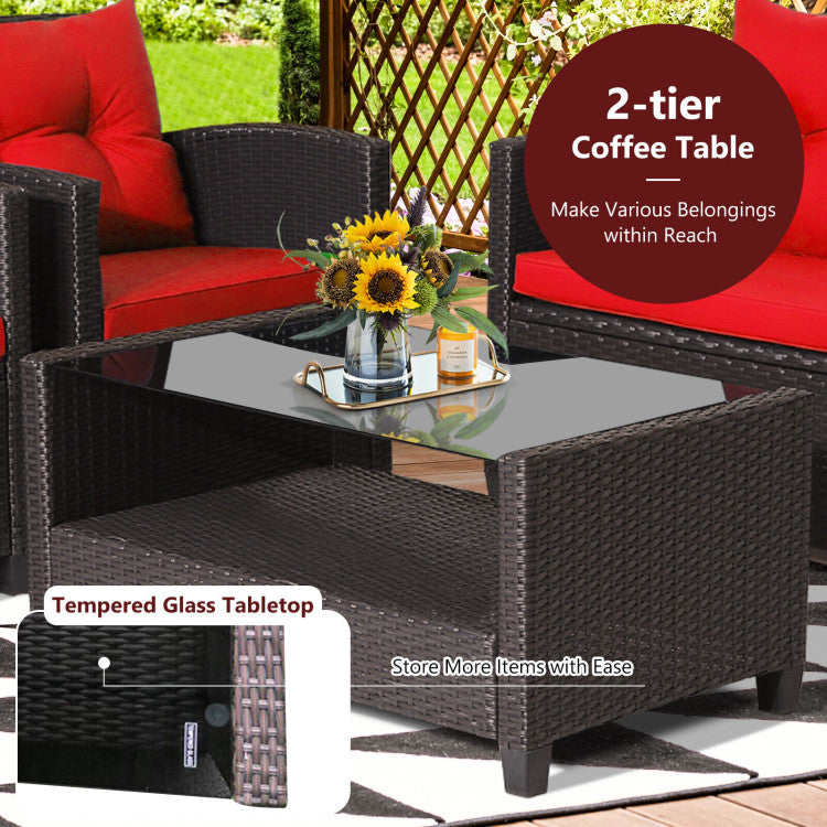 4 Pieces Patio Rattan Furniture Set Outdoor Conversation Sofa Set with Lower Shelf and Coffee Table