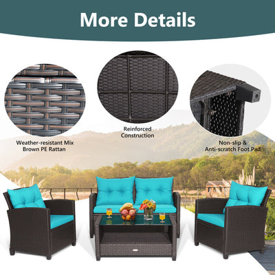 4 Pieces Patio Rattan Furniture Set Outdoor Conversation Sofa Set with Lower Shelf and Coffee Table