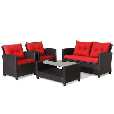 4 Pieces Patio Rattan Furniture Set Outdoor Conversation Sofa Set with Lower Shelf and Coffee Table