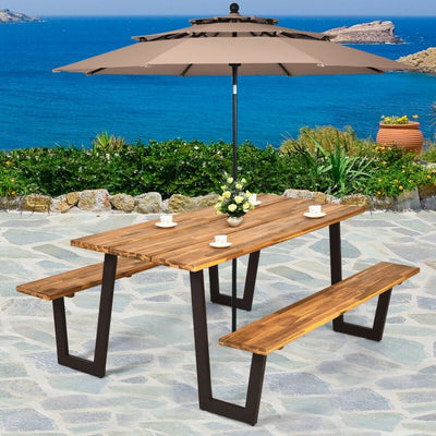 70 Inch Outdoor Dining Table Set Picnic Table Bench Set with Umbrella Hole and Metal Frame