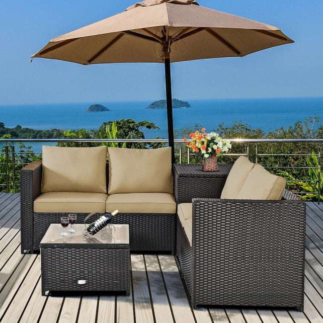 4 Pieces Outdoor Rattan Furniture Set Patio Wicker Conversation Sofa Set with Cushion and Table