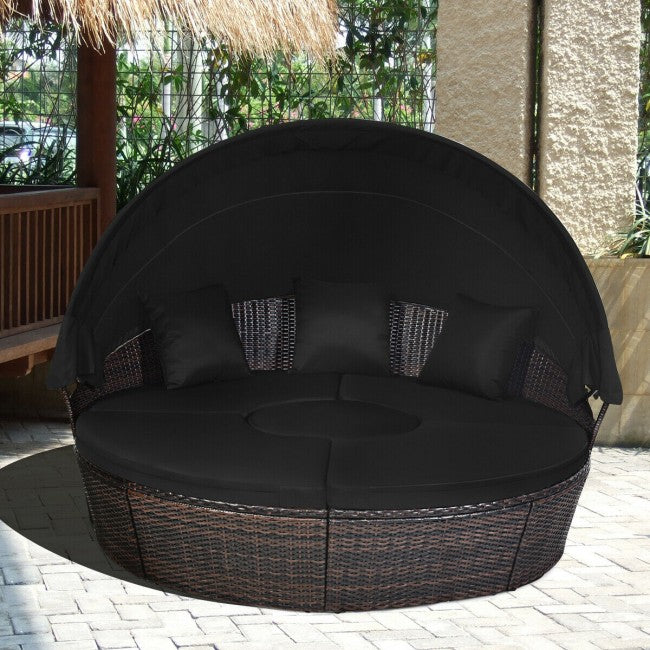 Outdoor Wicker Furniture Sets Patio Round Rattan Daybed With Retractable Canopy