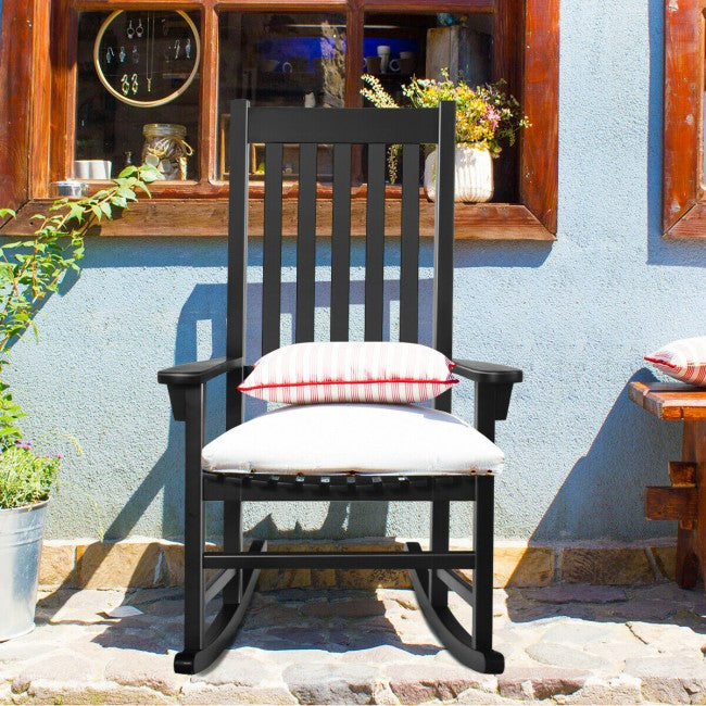 Oversized Wooden Porch Rocking Chair High Back Slat Reclining Seat