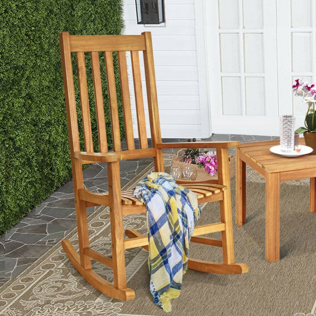 Oversized Wooden Porch Rocking Chair High Back Slat Seat