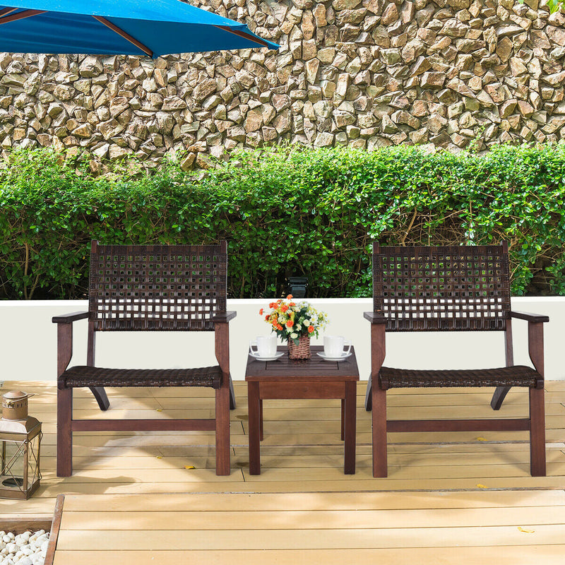 3 Pieces Outdoor Wooden Patio Rattan Furniture Set