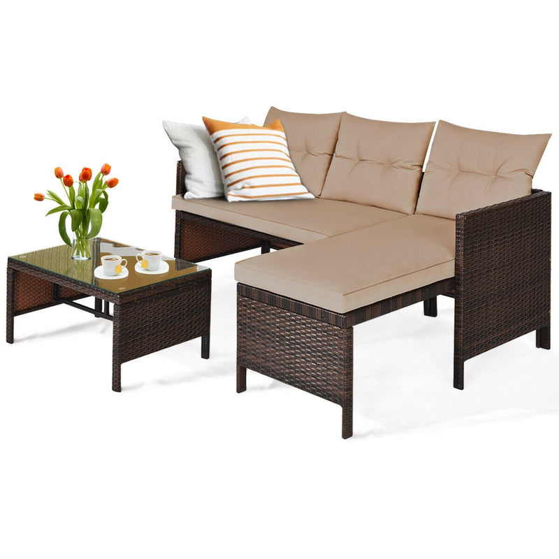 3 Piece Outdoor Patio Corner Rattan Sofa Set