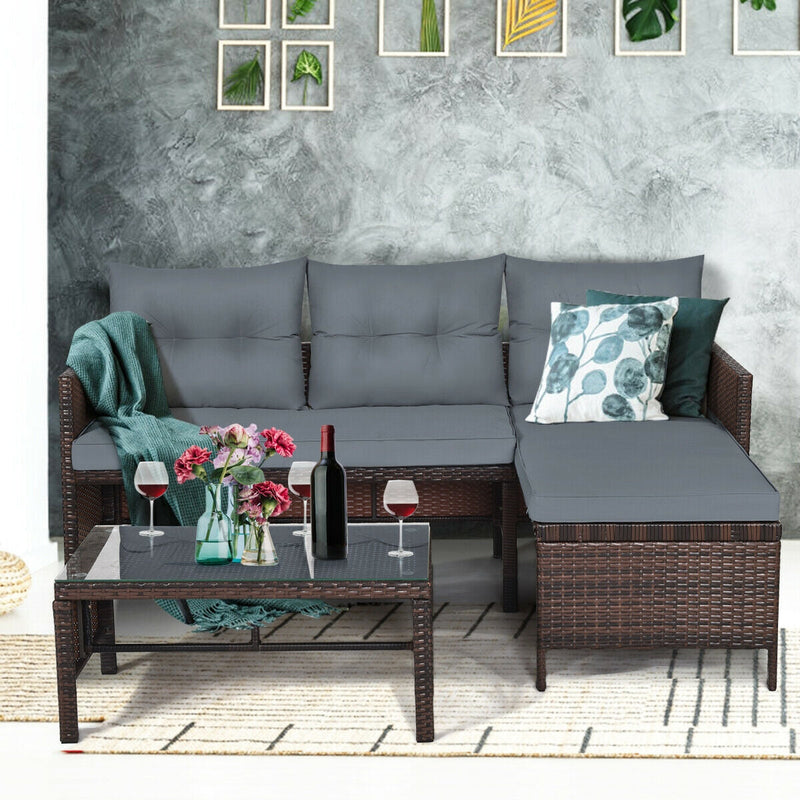 3 Piece Outdoor Patio Corner Rattan Sofa Set