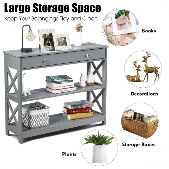 3-Tier Side Console Table Entryway Table Narrow Accent Table with Drawer and Storage Shelves