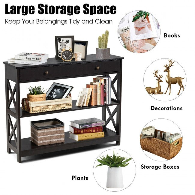 3-Tier Side Console Table Entryway Table Narrow Accent Table with Drawer and Storage Shelves