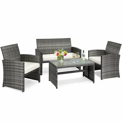 4 Pieces Patio Rattan Furniture Set with Glass Table and Loveseat