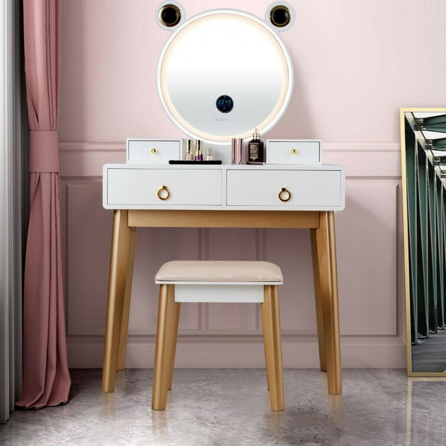 Vanity Table with Lighted Mirror and Cushion Stool, Makeup Dressing Desk for Girls Women