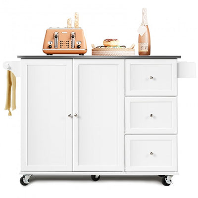 Kitchen Island Cart Rolling Trolley 2-Door Storage Cabinet with Adjustable Shelves and 3 Drawers