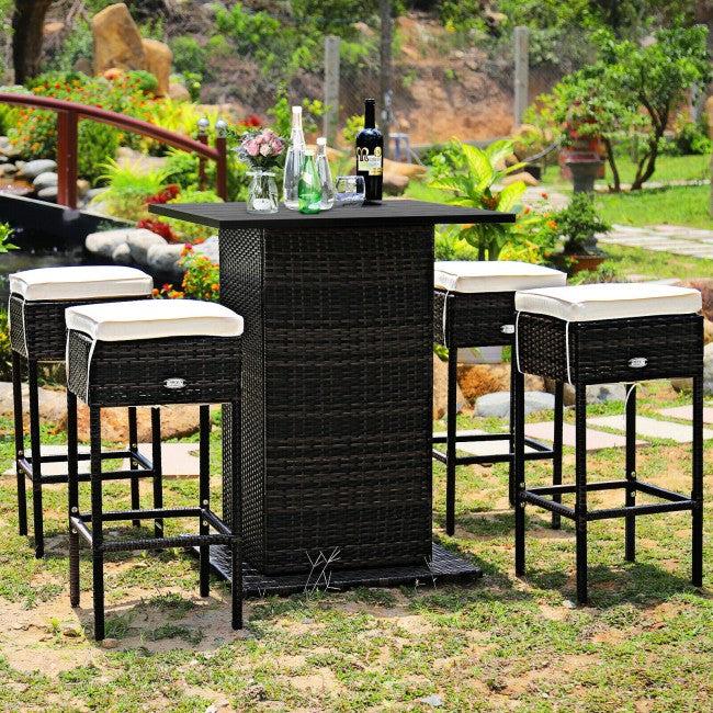 5 Piece Outdoor Rattan Conversation Bistro Set Patio Bar Furniture Set with 4 Cushions Stools and Smooth Top Table