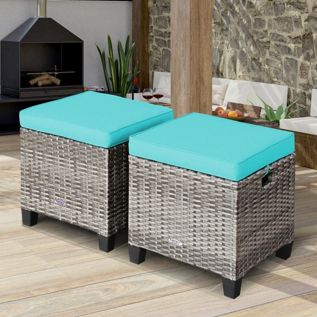 2 Pieces Patio Rattan Ottomans Seat Outdoor Footstool Footrest with Removable Cushions