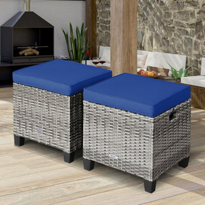 2 Pieces Patio Rattan Ottomans Seat Outdoor Footstool Footrest with Removable Cushions