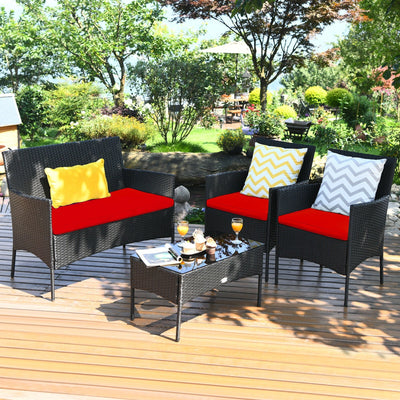 4 Pieces Patio Rattan Cushioned Sofa Set with Tempered Glass Coffee Table