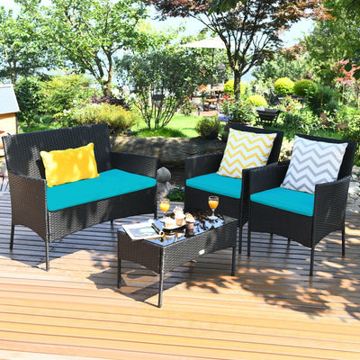 4 Pieces Patio Rattan Cushioned Sofa Set with Tempered Glass Coffee Table