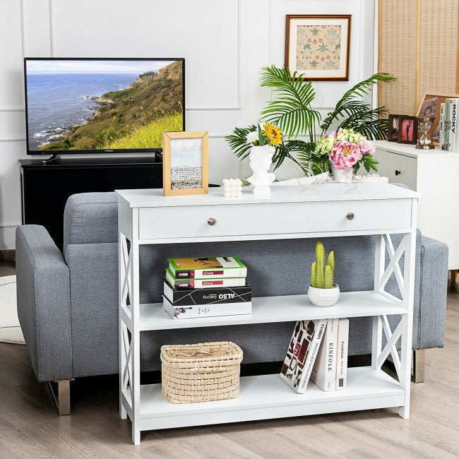 3-Tier Side Console Table Entryway Table Narrow Accent Table with Drawer and Storage Shelves