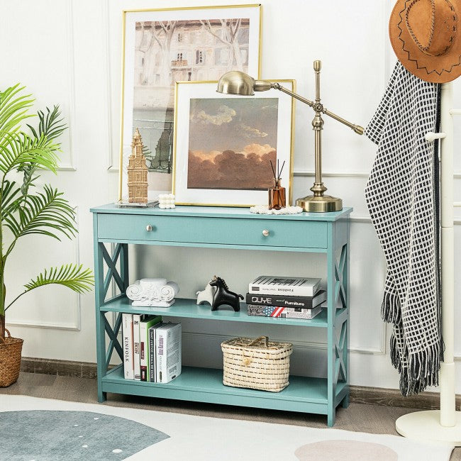 3-Tier Side Console Table Entryway Table Narrow Accent Table with Drawer and Storage Shelves