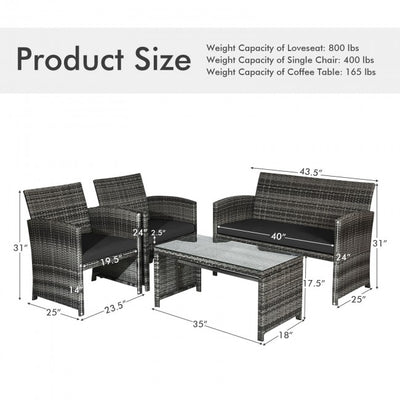 4 Pieces Patio Rattan Furniture Set Outdoor Wicker loveseat with Soft Cushion and Glass Table