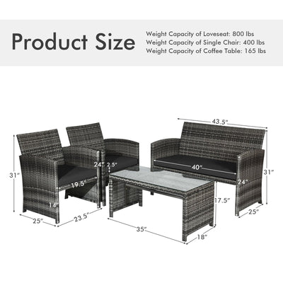 4 Pieces Patio Rattan Furniture Set with Glass Table and Loveseat